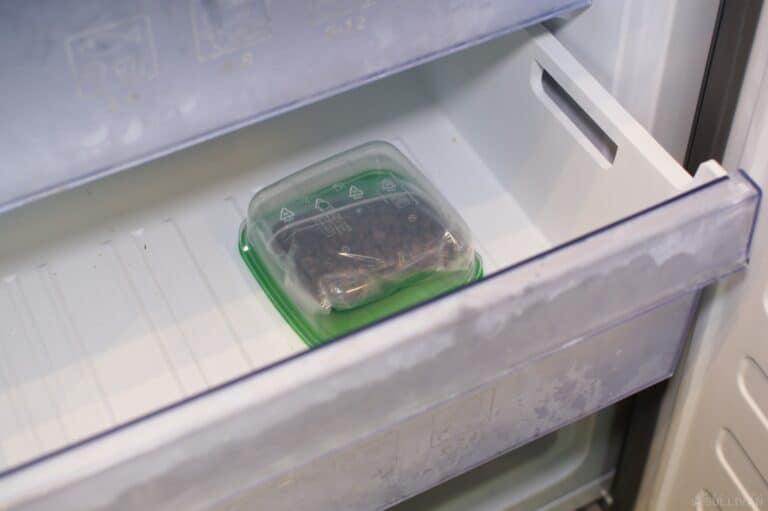 coffee beans inside zipper bag inside tupperware in the fridge