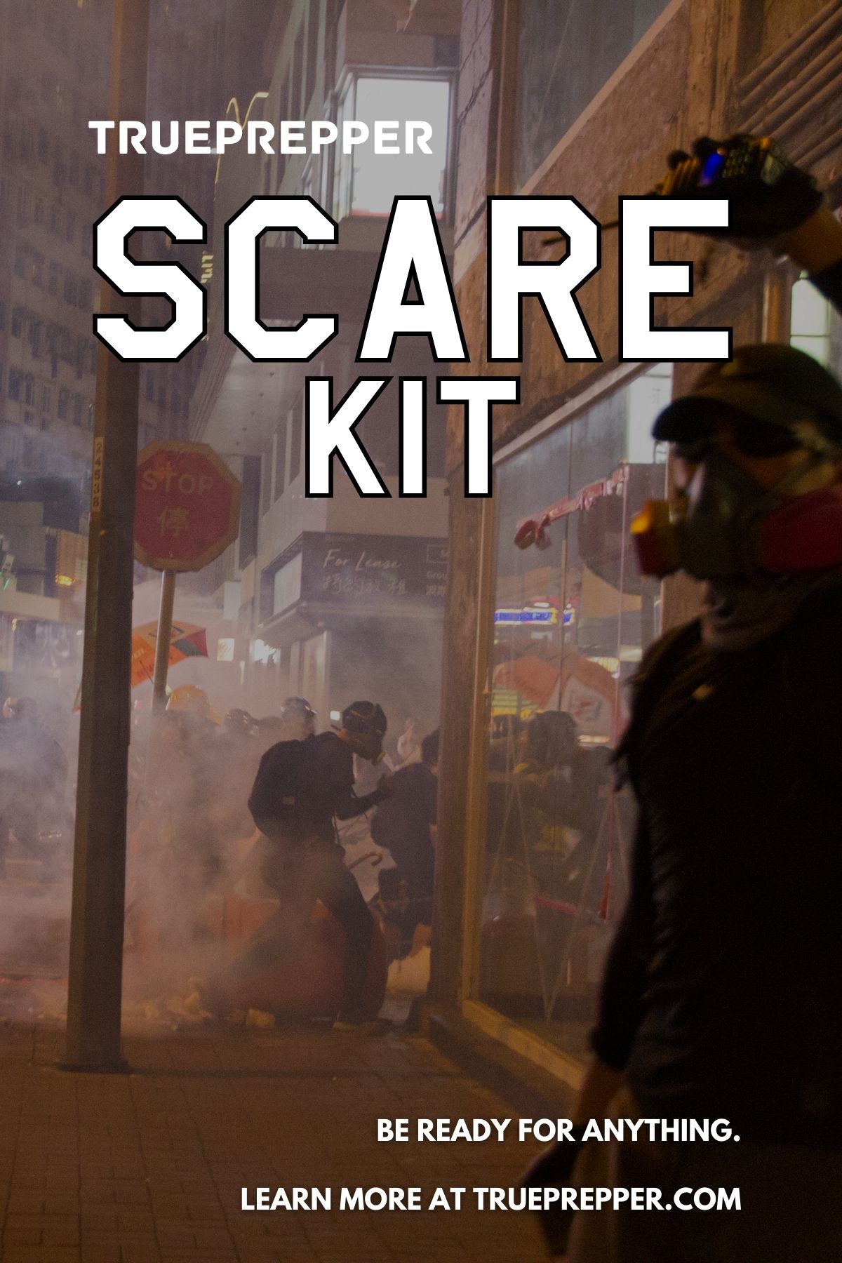 SCARE Kit text over gas-mask wearing rioters, looters, and tear gas in an urban city.