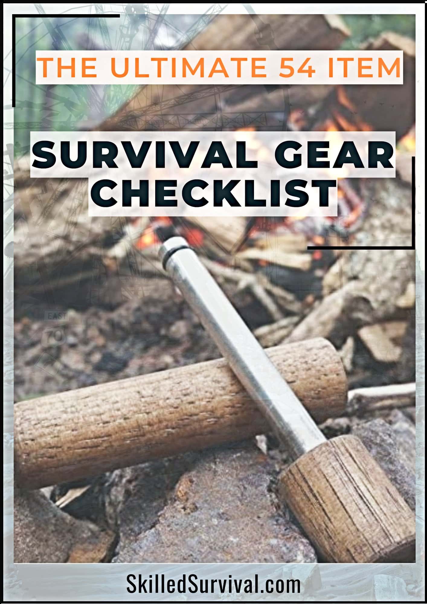 Survival Gear Checklist eBook Cover -with fire piston on a rock and campfire in the background