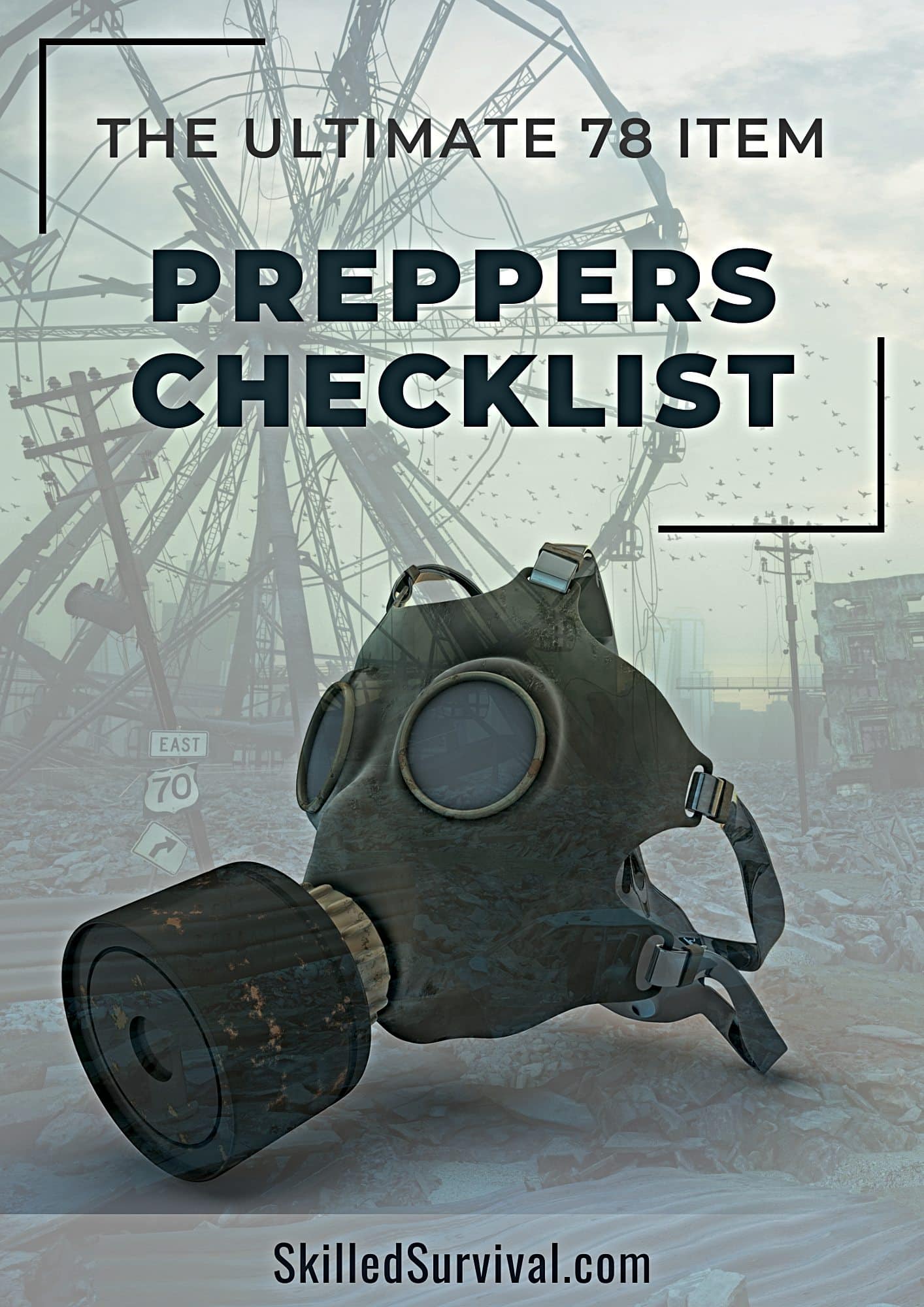 Prepper Checklist eBook Cover - with gas mask on a SHTF scenery background