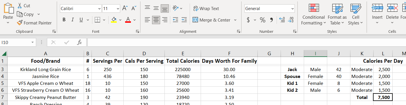 Jacks' Food Stockpile Spreadsheet Image