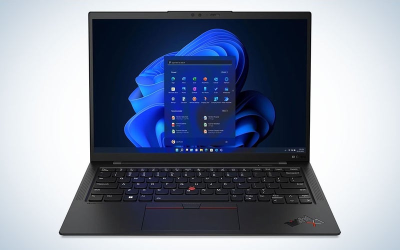 A Lenovo ThinkPad on a blue and white background