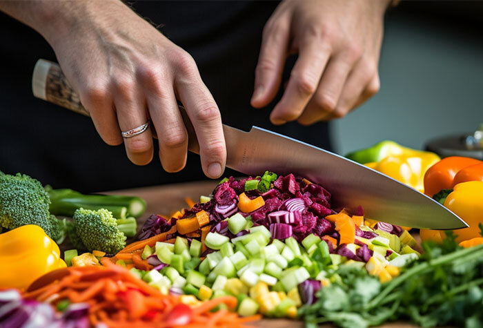 A person chopping veggies with a chefs knife.