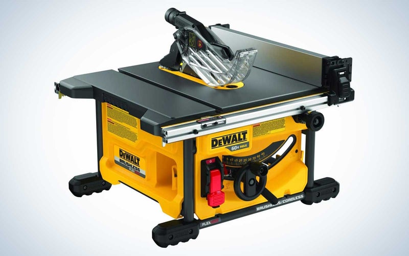 The DeWalt DCS7485B Flexvolt 8-1/4-Inch Table Saw on a plain background