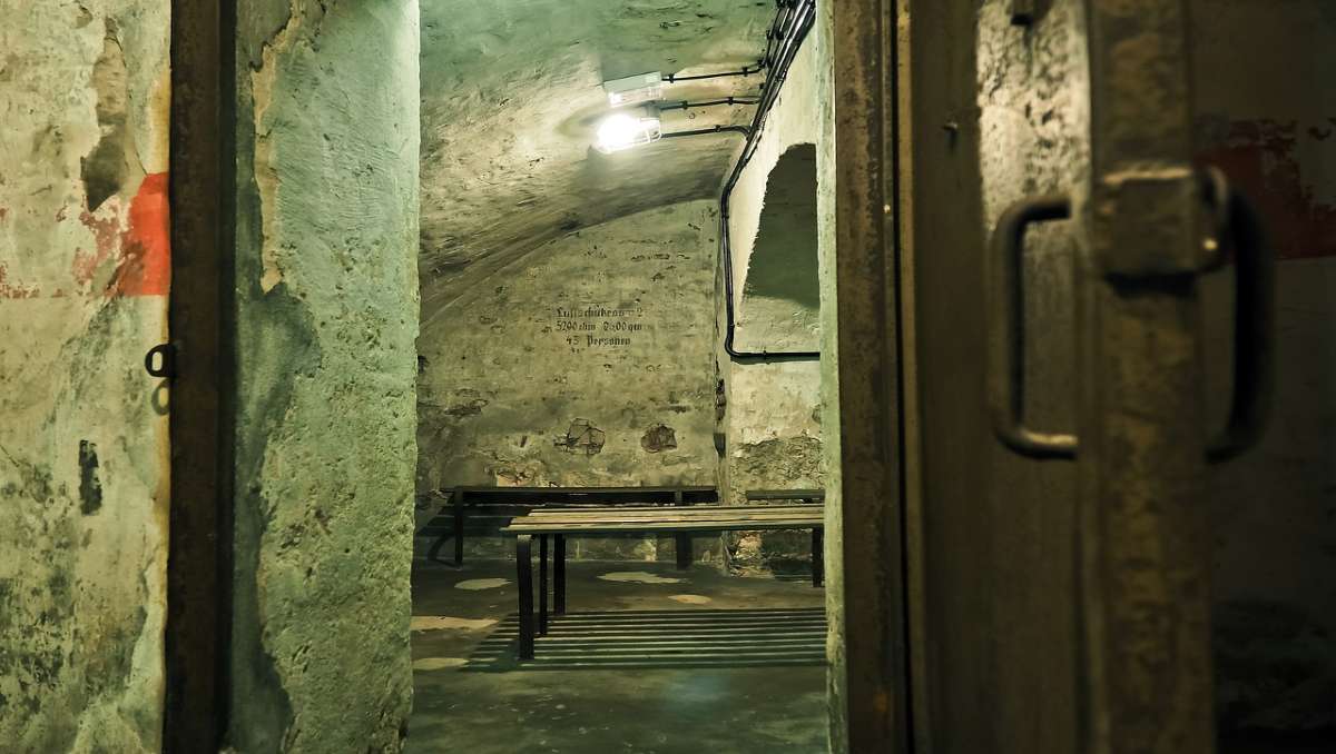 The entrance view of a bomb shelter.