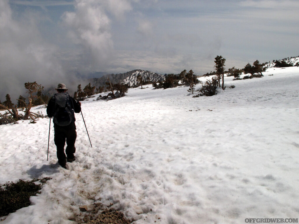 Photo of a man walking across a snowy field with hiking poles.