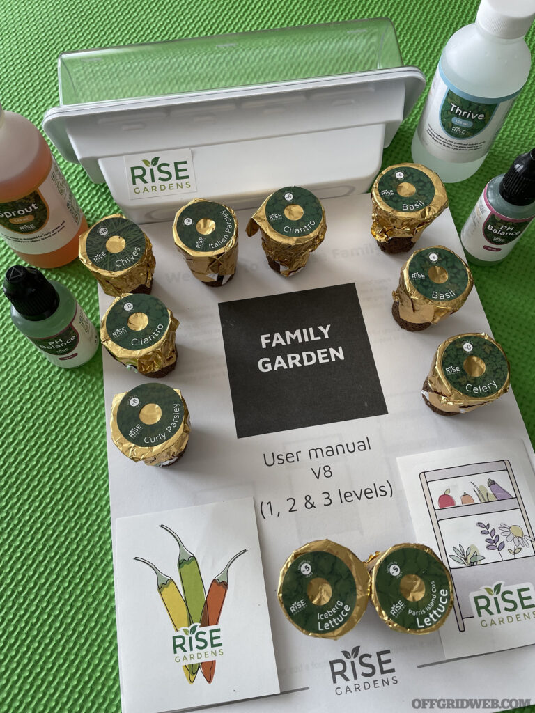 The Rise Garden comes with a selection of seed pods, nutrients, PH balance solution, a nursery, and instructions. The three level gardens come with enough supplies to start growing on all three levels.