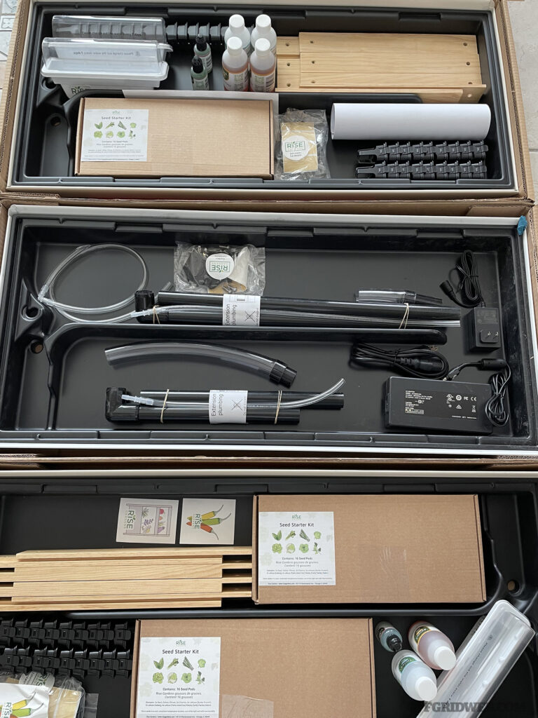 The Rise Family Garden comes with everything you need to get started. All the necessary components are clearly labeled, organized, and ready for assembly. An instruction booklet is included, or you can watch the assembly videos on the Rise website.