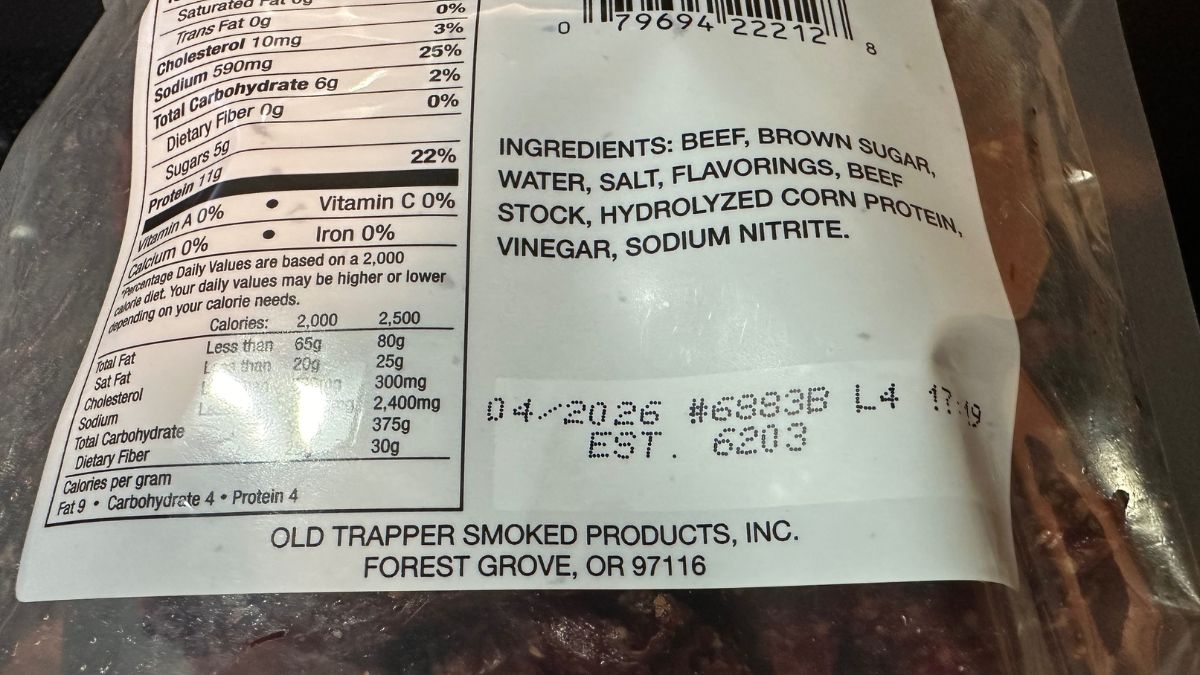 Old Trapper beef jerky expiration date and ingredient list on packaging.