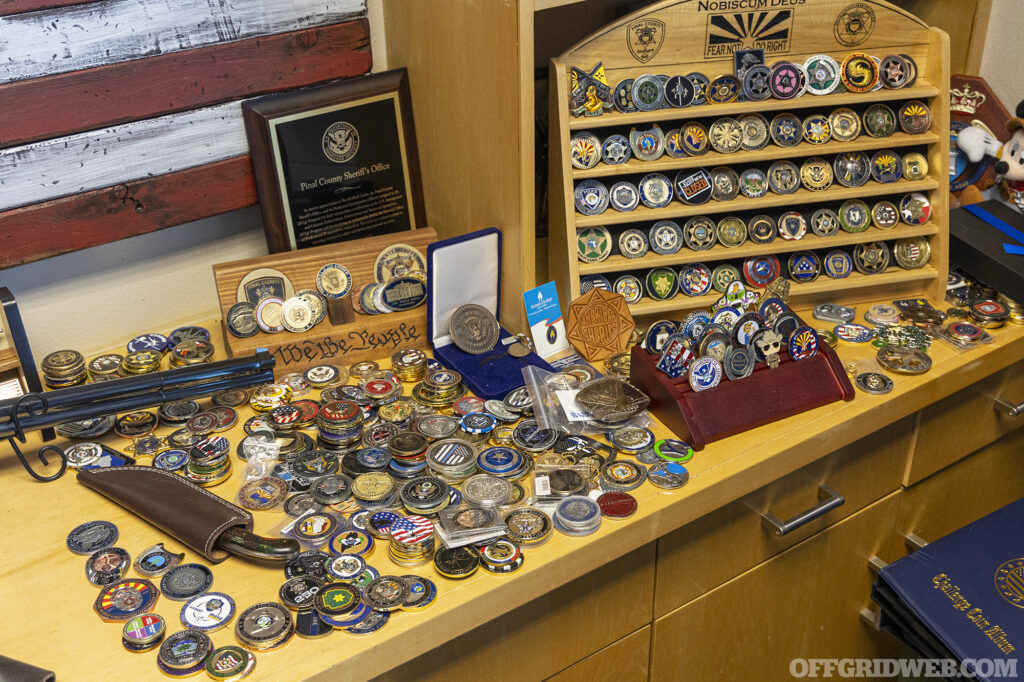 Photo of Lamb's collection of challenge coins.