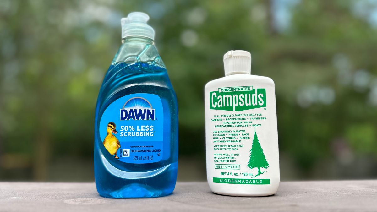 Small Dawn bottle and Campsuds bottle sitting on wood ledge in front of woods.